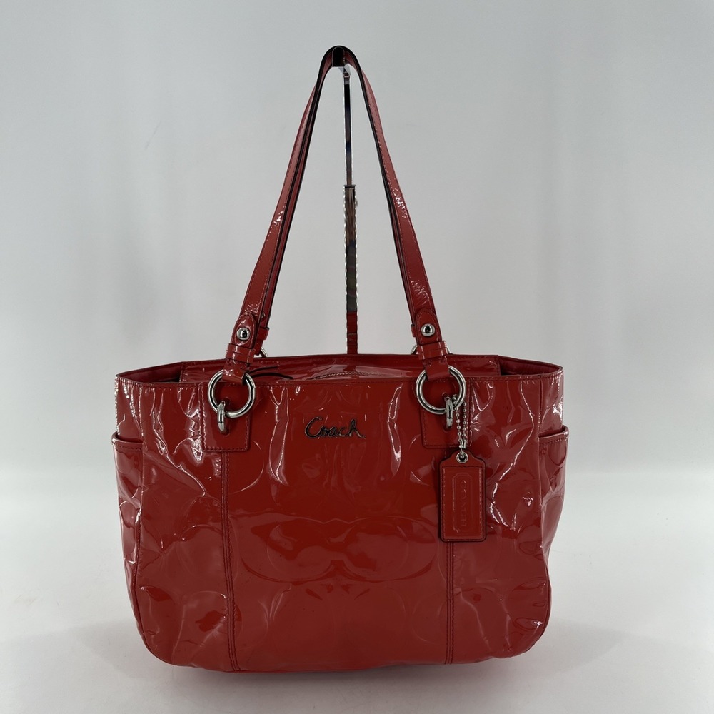 Coach Signature Embossed Patent Leather Coral‎ Orange Satchel Tote Coral Orange